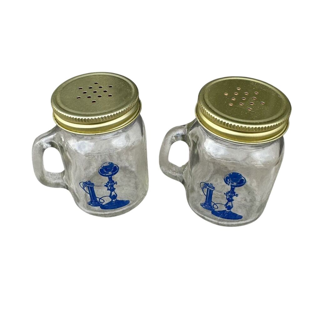 VTG Golden Harvest Salt Pepper Shakers “Canning Jars” Handles Bell System Phone